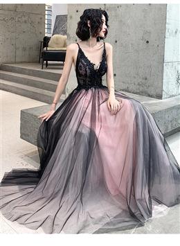 Picture of Pink and Black Color Stylish Tulle with Lace Long Formal Dress, A-line Tulle Evening Dress